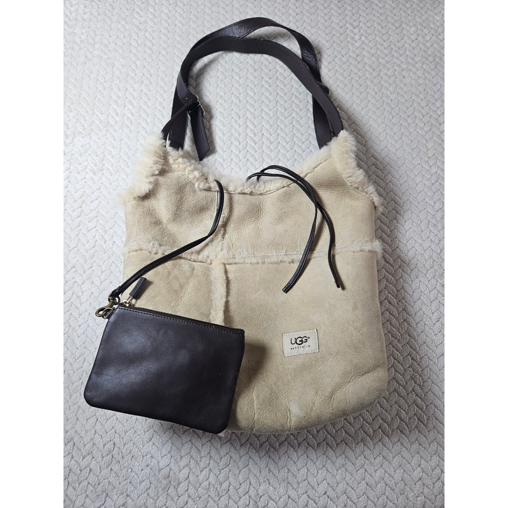 Ugg Australia Suede Tote Bag Hobo Bag Cream Sheepskin Leather Trim with Pouch